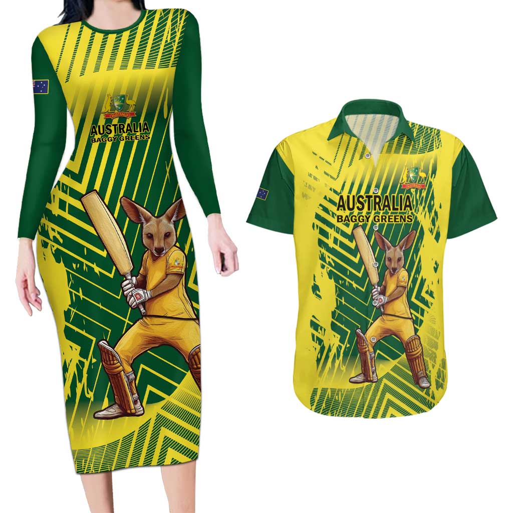 Custom Australia Cricket Couples Matching Long Sleeve Bodycon Dress and Hawaiian Shirt Aussie Baggy Greens - Kangaroo Mascot Style