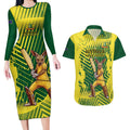 Custom Australia Cricket Couples Matching Long Sleeve Bodycon Dress and Hawaiian Shirt Aussie Baggy Greens - Kangaroo Mascot Style