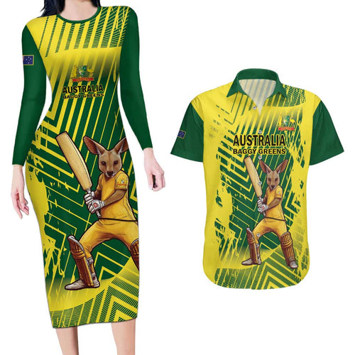 Custom Australia Cricket Couples Matching Long Sleeve Bodycon Dress and Hawaiian Shirt Aussie Baggy Greens - Kangaroo Mascot Style