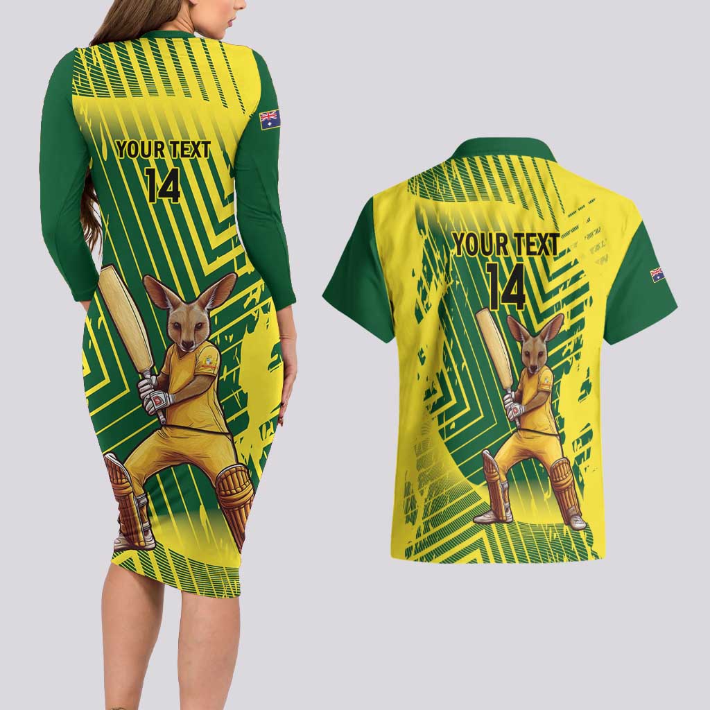 Custom Australia Cricket Couples Matching Long Sleeve Bodycon Dress and Hawaiian Shirt Aussie Baggy Greens - Kangaroo Mascot Style