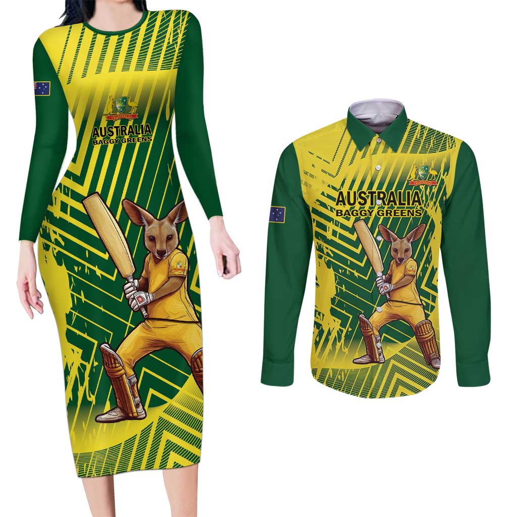 Custom Australia Cricket Couples Matching Long Sleeve Bodycon Dress and Long Sleeve Button Shirt Aussie Baggy Greens - Kangaroo Mascot Style