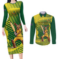 Custom Australia Cricket Couples Matching Long Sleeve Bodycon Dress and Long Sleeve Button Shirt Aussie Baggy Greens - Kangaroo Mascot Style