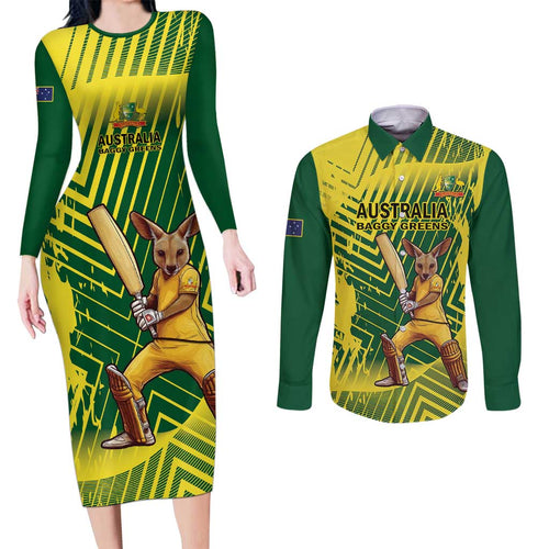 Custom Australia Cricket Couples Matching Long Sleeve Bodycon Dress and Long Sleeve Button Shirt Aussie Baggy Greens - Kangaroo Mascot Style