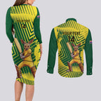 Custom Australia Cricket Couples Matching Long Sleeve Bodycon Dress and Long Sleeve Button Shirt Aussie Baggy Greens - Kangaroo Mascot Style