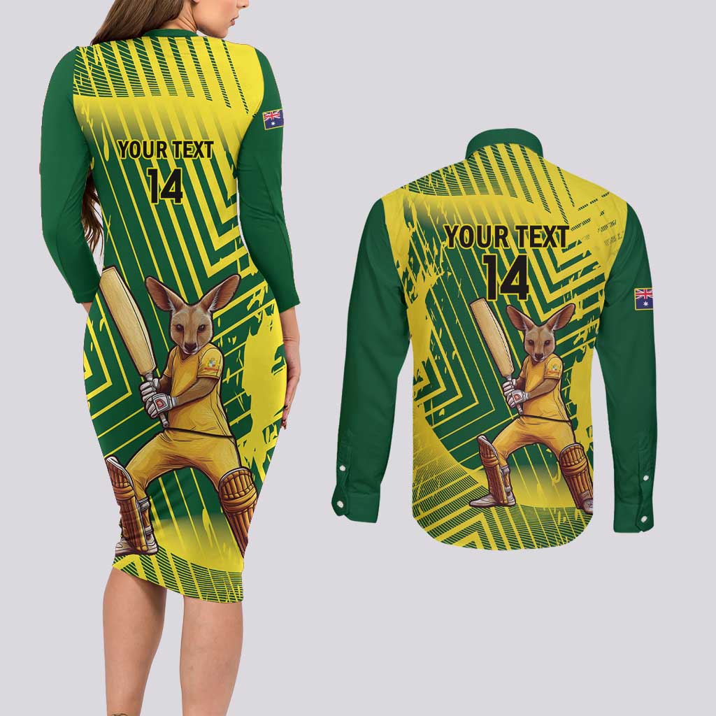 Custom Australia Cricket Couples Matching Long Sleeve Bodycon Dress and Long Sleeve Button Shirt Aussie Baggy Greens - Kangaroo Mascot Style