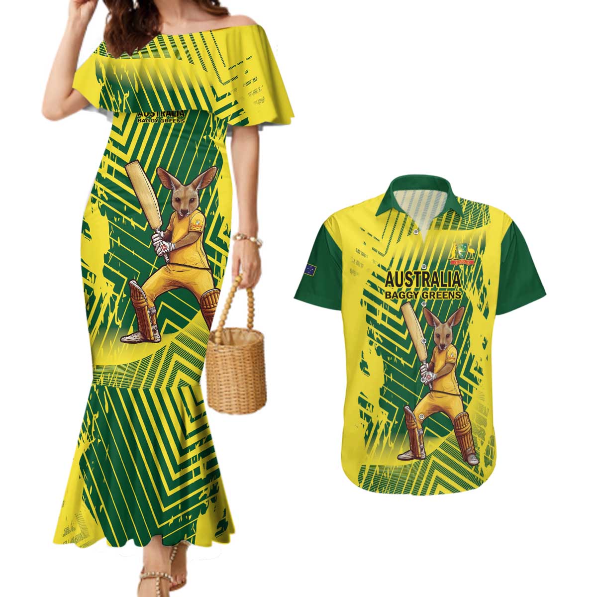 Custom Australia Cricket Couples Matching Mermaid Dress and Hawaiian Shirt Aussie Baggy Greens - Kangaroo Mascot Style