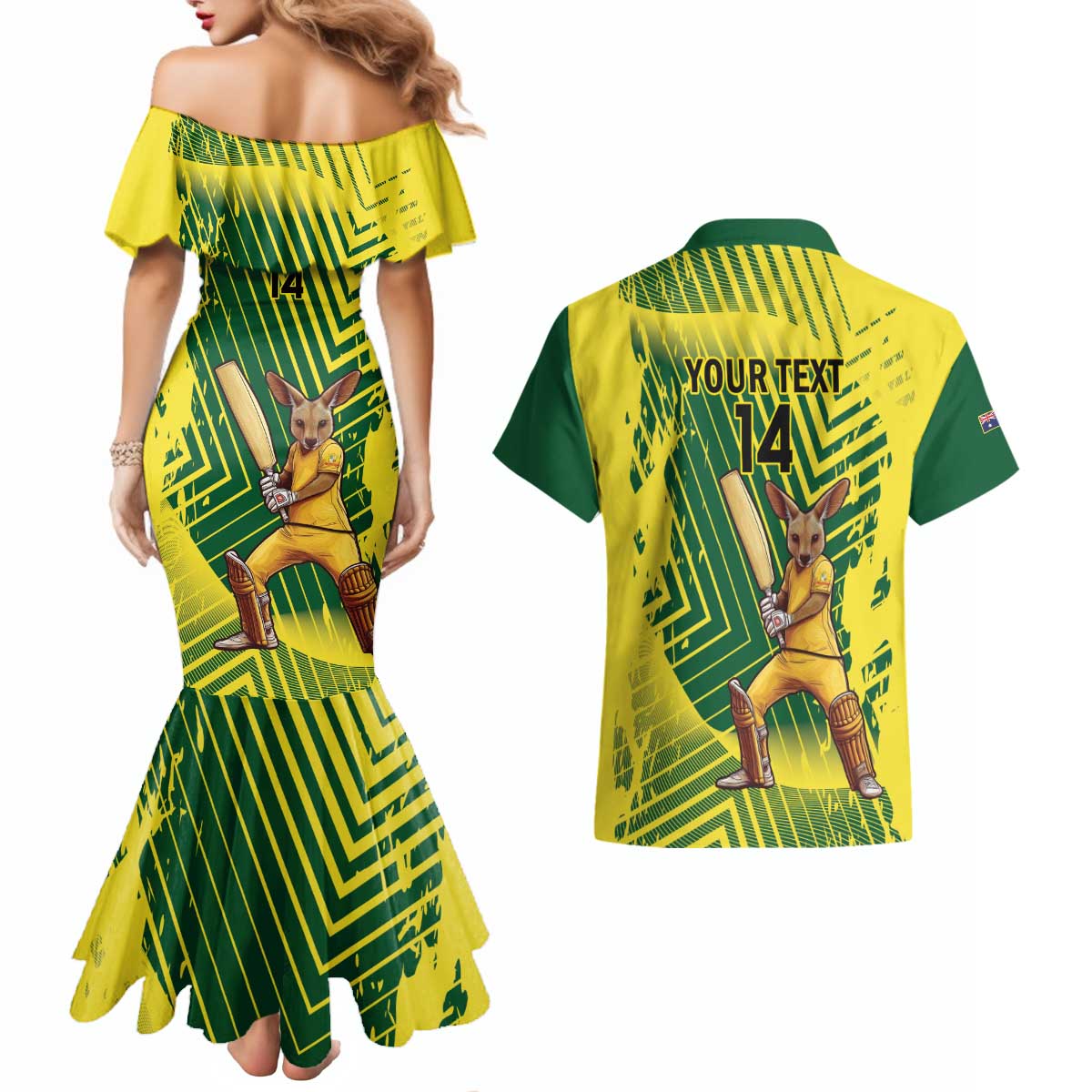Custom Australia Cricket Couples Matching Mermaid Dress and Hawaiian Shirt Aussie Baggy Greens - Kangaroo Mascot Style