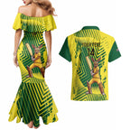 Custom Australia Cricket Couples Matching Mermaid Dress and Hawaiian Shirt Aussie Baggy Greens - Kangaroo Mascot Style