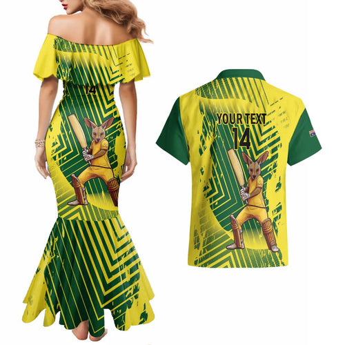 Custom Australia Cricket Couples Matching Mermaid Dress and Hawaiian Shirt Aussie Baggy Greens - Kangaroo Mascot Style