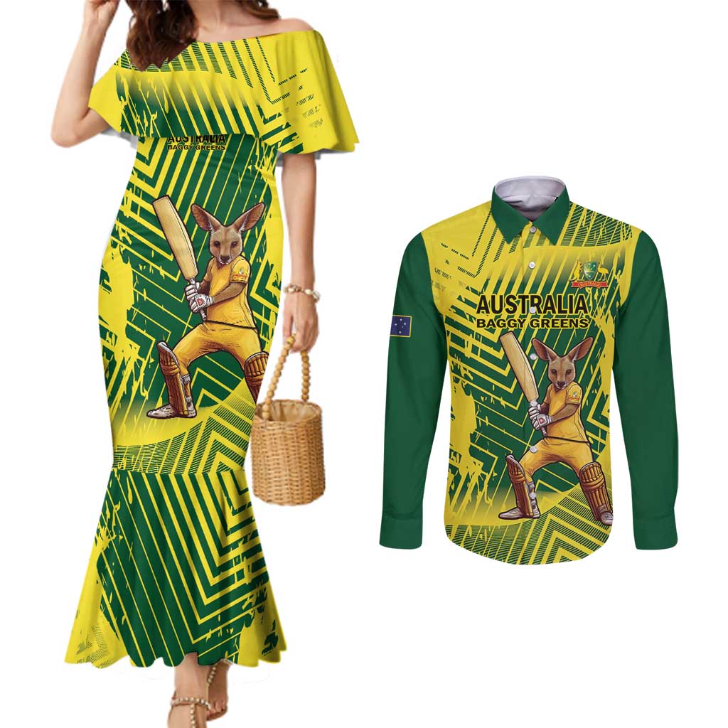 Custom Australia Cricket Couples Matching Mermaid Dress and Long Sleeve Button Shirt Aussie Baggy Greens - Kangaroo Mascot Style