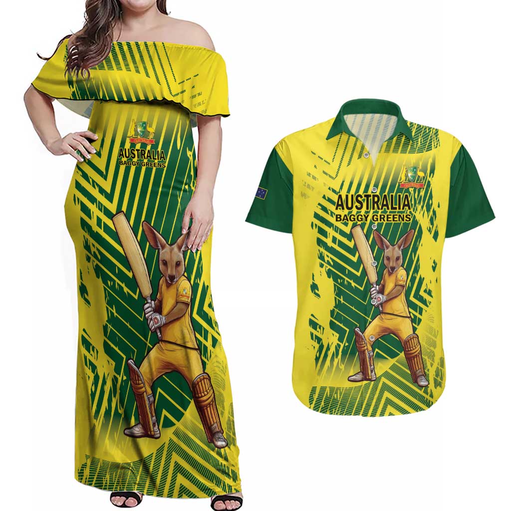 Custom Australia Cricket Couples Matching Off Shoulder Maxi Dress and Hawaiian Shirt Aussie Baggy Greens - Kangaroo Mascot Style