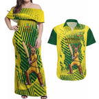 Custom Australia Cricket Couples Matching Off Shoulder Maxi Dress and Hawaiian Shirt Aussie Baggy Greens - Kangaroo Mascot Style