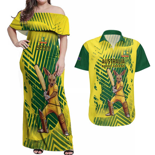 Custom Australia Cricket Couples Matching Off Shoulder Maxi Dress and Hawaiian Shirt Aussie Baggy Greens - Kangaroo Mascot Style