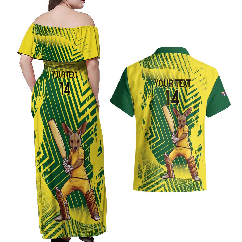 Custom Australia Cricket Couples Matching Off Shoulder Maxi Dress and Hawaiian Shirt Aussie Baggy Greens - Kangaroo Mascot Style