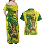 Custom Australia Cricket Couples Matching Off Shoulder Maxi Dress and Hawaiian Shirt Aussie Baggy Greens - Kangaroo Mascot Style