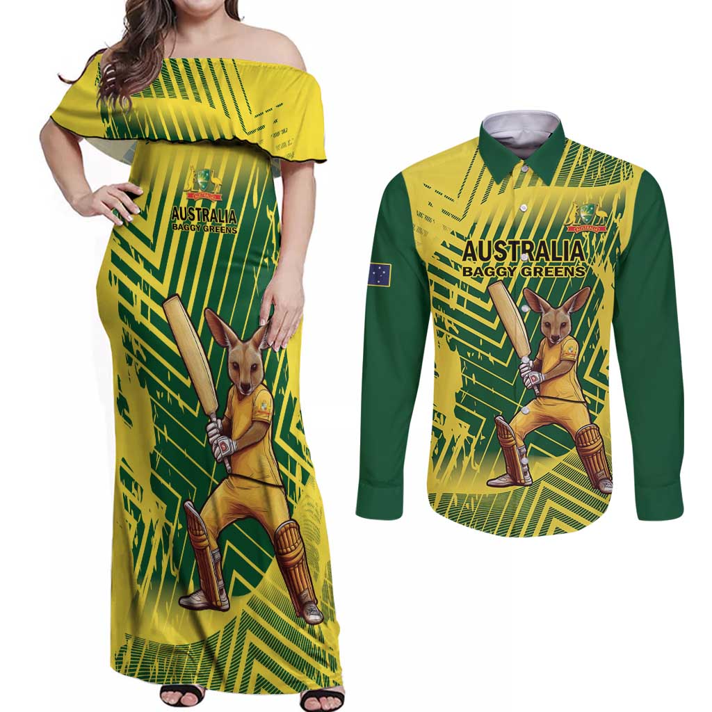 Custom Australia Cricket Couples Matching Off Shoulder Maxi Dress and Long Sleeve Button Shirt Aussie Baggy Greens - Kangaroo Mascot Style