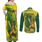 Custom Australia Cricket Couples Matching Off Shoulder Maxi Dress and Long Sleeve Button Shirt Aussie Baggy Greens - Kangaroo Mascot Style