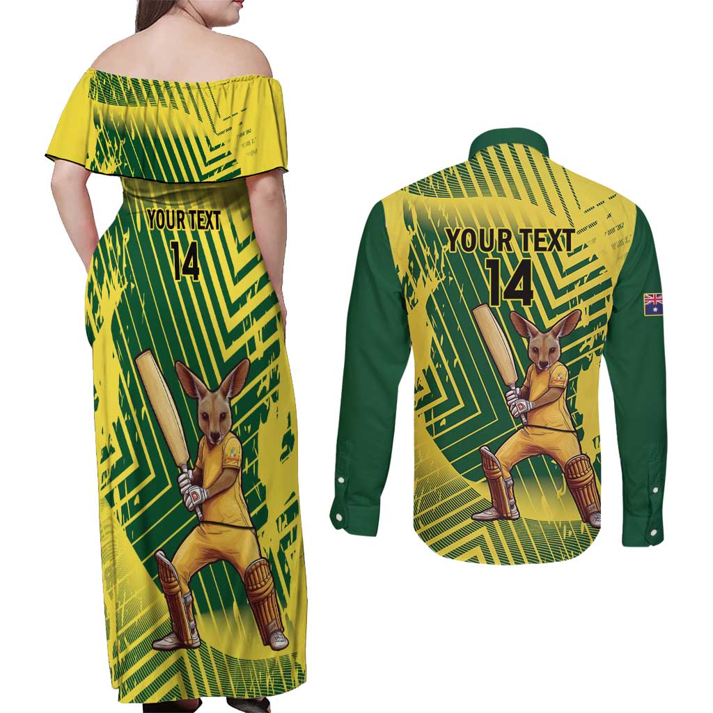 Custom Australia Cricket Couples Matching Off Shoulder Maxi Dress and Long Sleeve Button Shirt Aussie Baggy Greens - Kangaroo Mascot Style