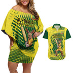 Custom Australia Cricket Couples Matching Off Shoulder Short Dress and Hawaiian Shirt Aussie Baggy Greens - Kangaroo Mascot Style