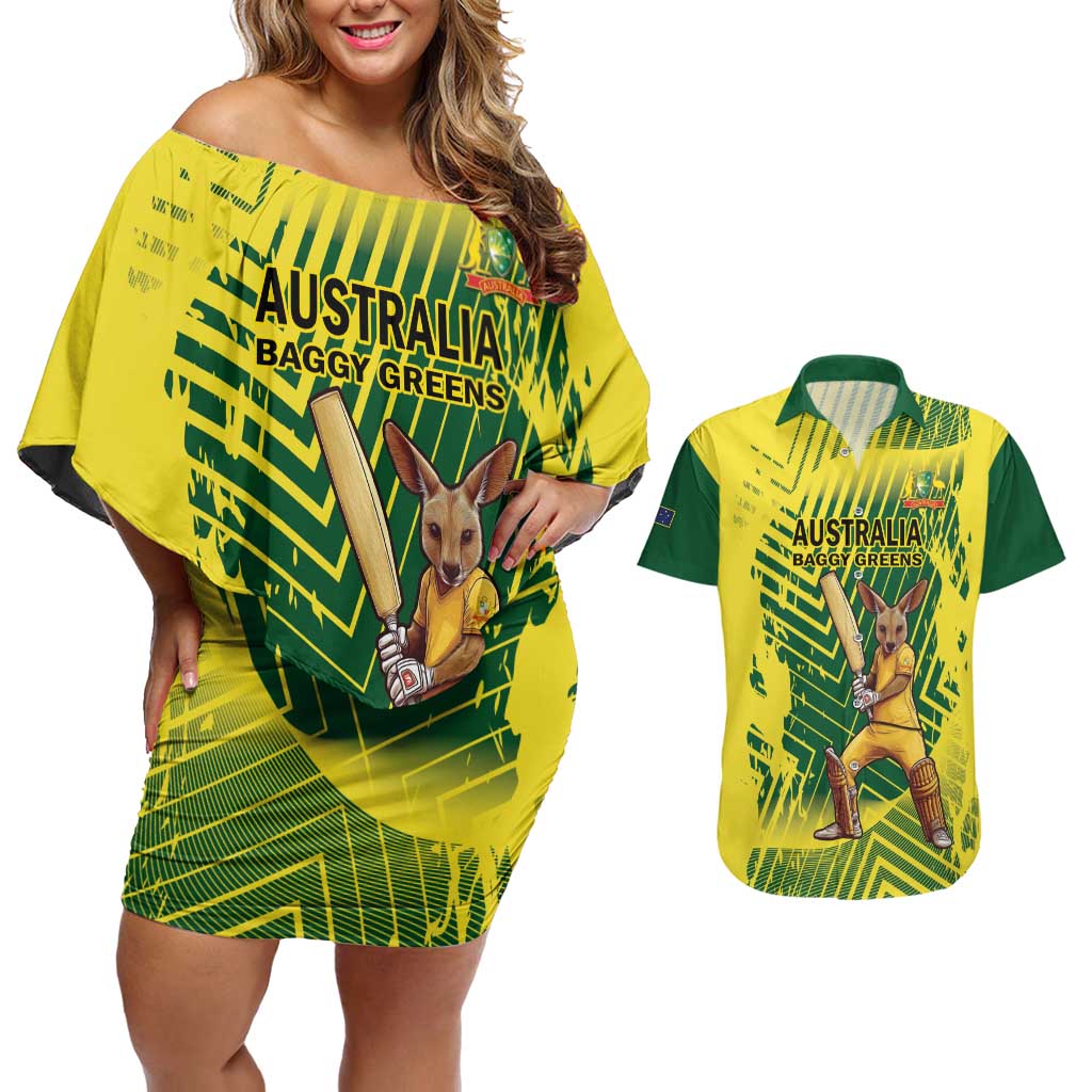 Custom Australia Cricket Couples Matching Off Shoulder Short Dress and Hawaiian Shirt Aussie Baggy Greens - Kangaroo Mascot Style