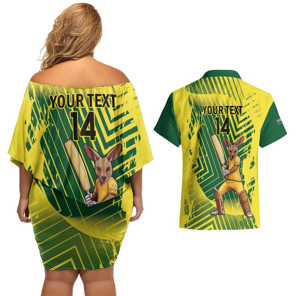 Custom Australia Cricket Couples Matching Off Shoulder Short Dress and Hawaiian Shirt Aussie Baggy Greens - Kangaroo Mascot Style