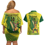 Custom Australia Cricket Couples Matching Off Shoulder Short Dress and Hawaiian Shirt Aussie Baggy Greens - Kangaroo Mascot Style