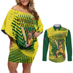 Custom Australia Cricket Couples Matching Off Shoulder Short Dress and Long Sleeve Button Shirt Aussie Baggy Greens - Kangaroo Mascot Style