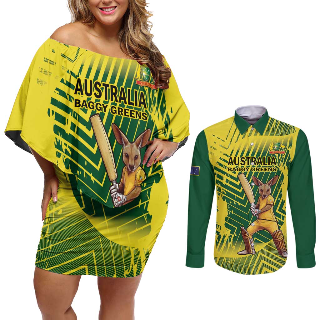 Custom Australia Cricket Couples Matching Off Shoulder Short Dress and Long Sleeve Button Shirt Aussie Baggy Greens - Kangaroo Mascot Style