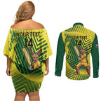 Custom Australia Cricket Couples Matching Off Shoulder Short Dress and Long Sleeve Button Shirt Aussie Baggy Greens - Kangaroo Mascot Style