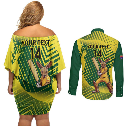 Custom Australia Cricket Couples Matching Off Shoulder Short Dress and Long Sleeve Button Shirt Aussie Baggy Greens - Kangaroo Mascot Style
