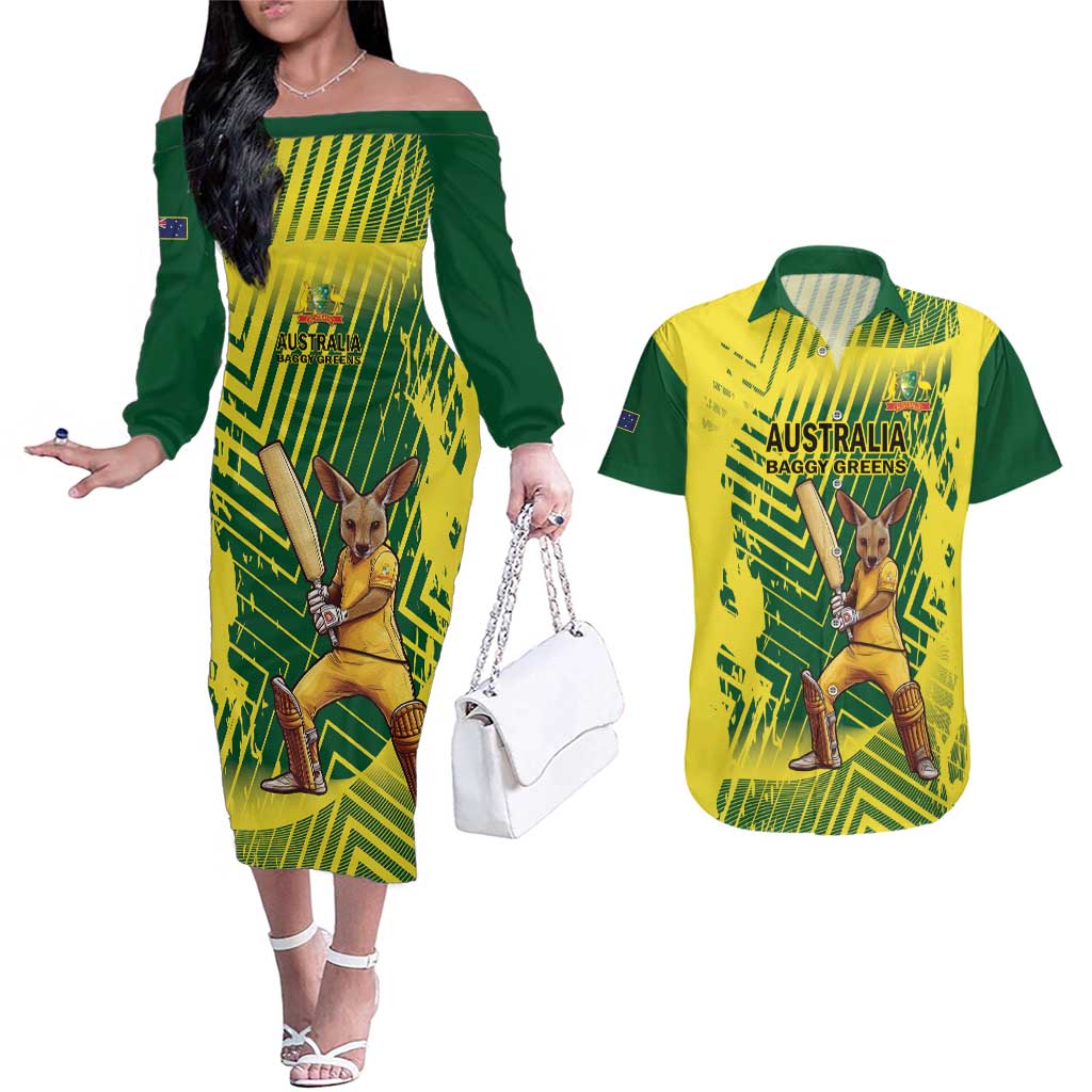 Custom Australia Cricket Couples Matching Off The Shoulder Long Sleeve Dress and Hawaiian Shirt Aussie Baggy Greens - Kangaroo Mascot Style
