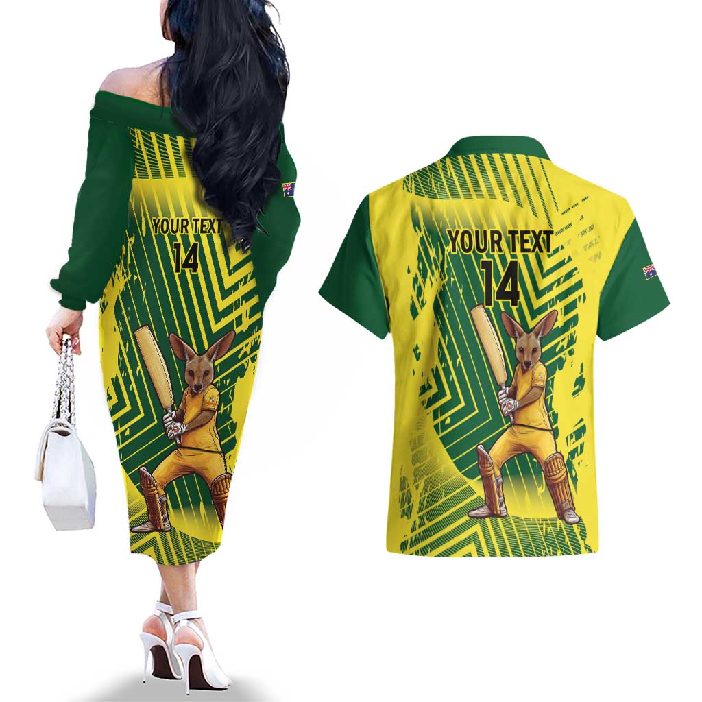 Custom Australia Cricket Couples Matching Off The Shoulder Long Sleeve Dress and Hawaiian Shirt Aussie Baggy Greens - Kangaroo Mascot Style