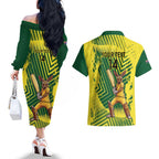 Custom Australia Cricket Couples Matching Off The Shoulder Long Sleeve Dress and Hawaiian Shirt Aussie Baggy Greens - Kangaroo Mascot Style