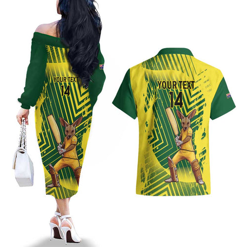 Custom Australia Cricket Couples Matching Off The Shoulder Long Sleeve Dress and Hawaiian Shirt Aussie Baggy Greens - Kangaroo Mascot Style