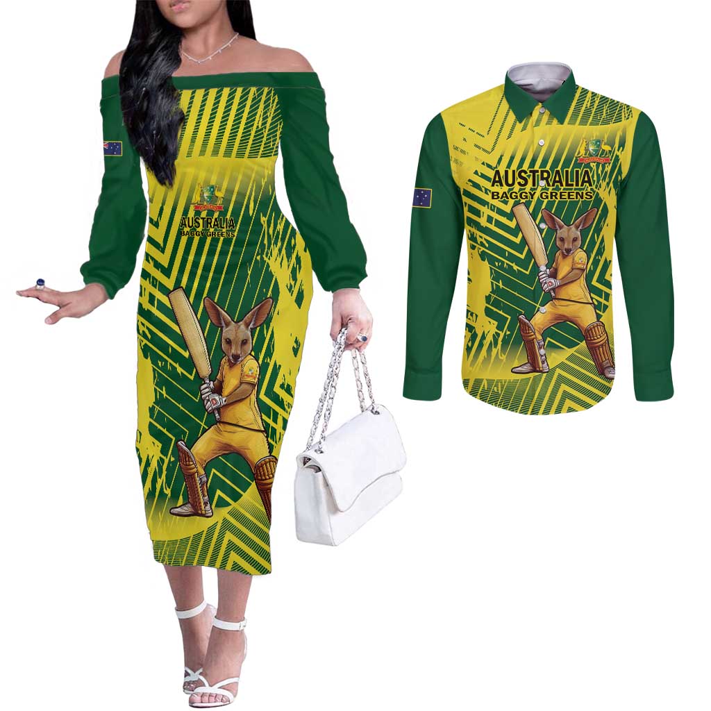Custom Australia Cricket Couples Matching Off The Shoulder Long Sleeve Dress and Long Sleeve Button Shirt Aussie Baggy Greens - Kangaroo Mascot Style