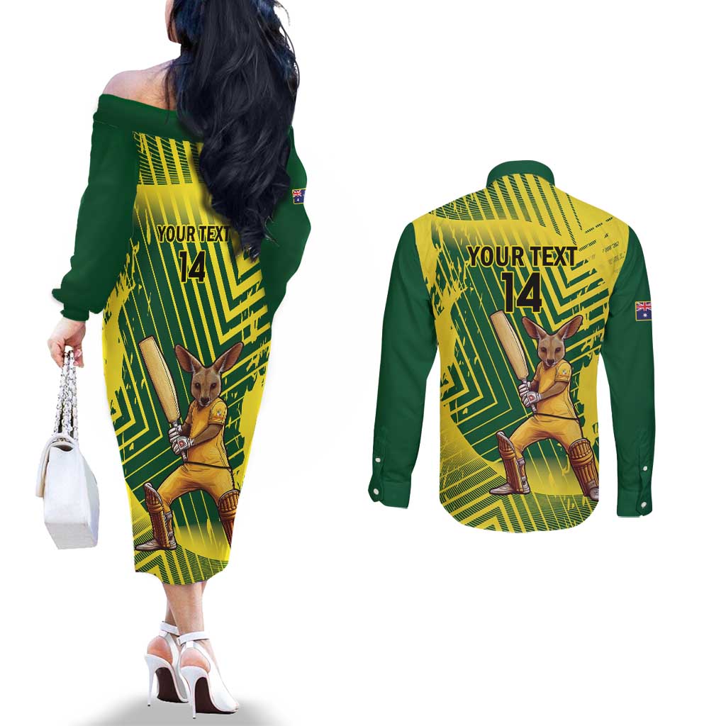Custom Australia Cricket Couples Matching Off The Shoulder Long Sleeve Dress and Long Sleeve Button Shirt Aussie Baggy Greens - Kangaroo Mascot Style