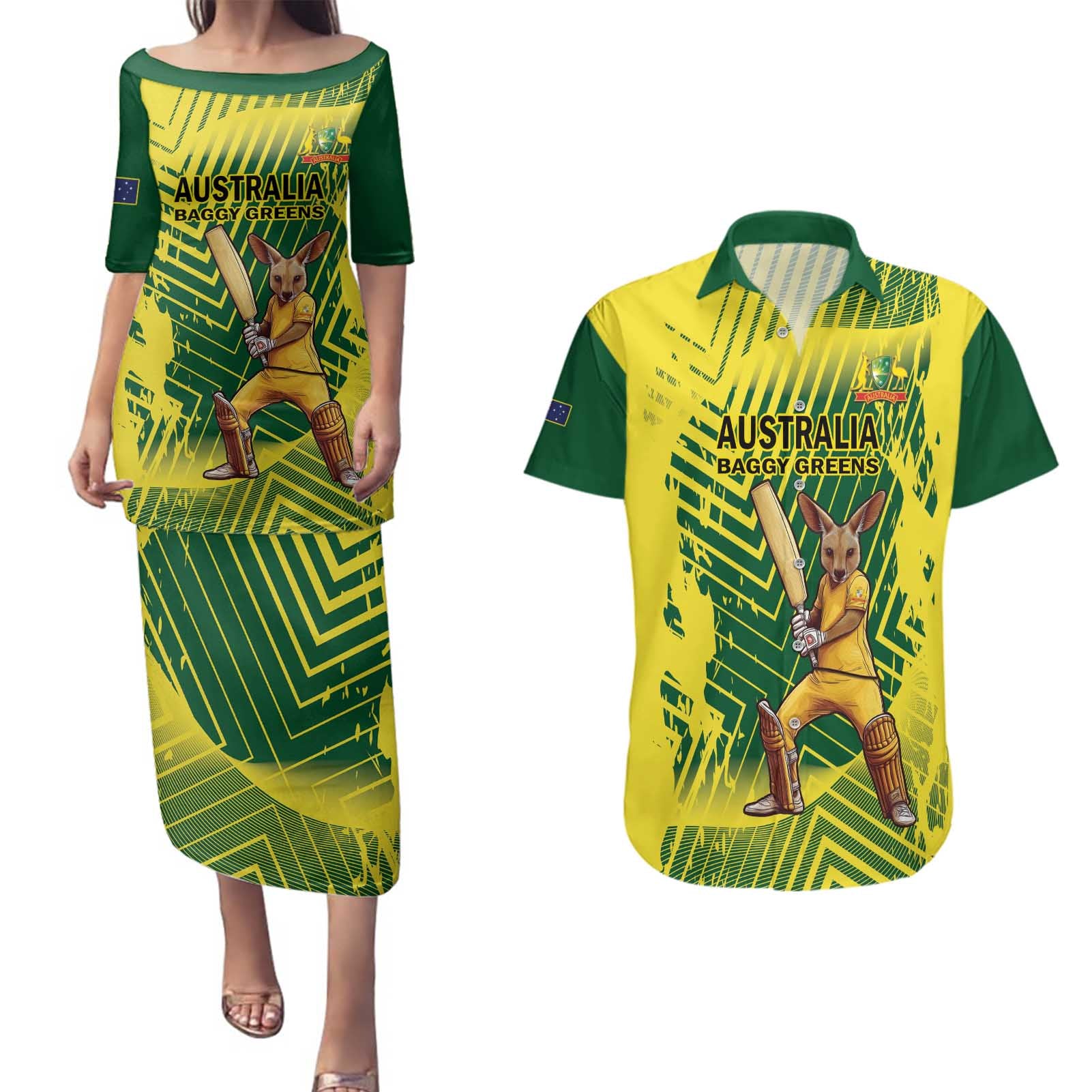 Custom Australia Cricket Couples Matching Puletasi and Hawaiian Shirt Aussie Baggy Greens - Kangaroo Mascot Style