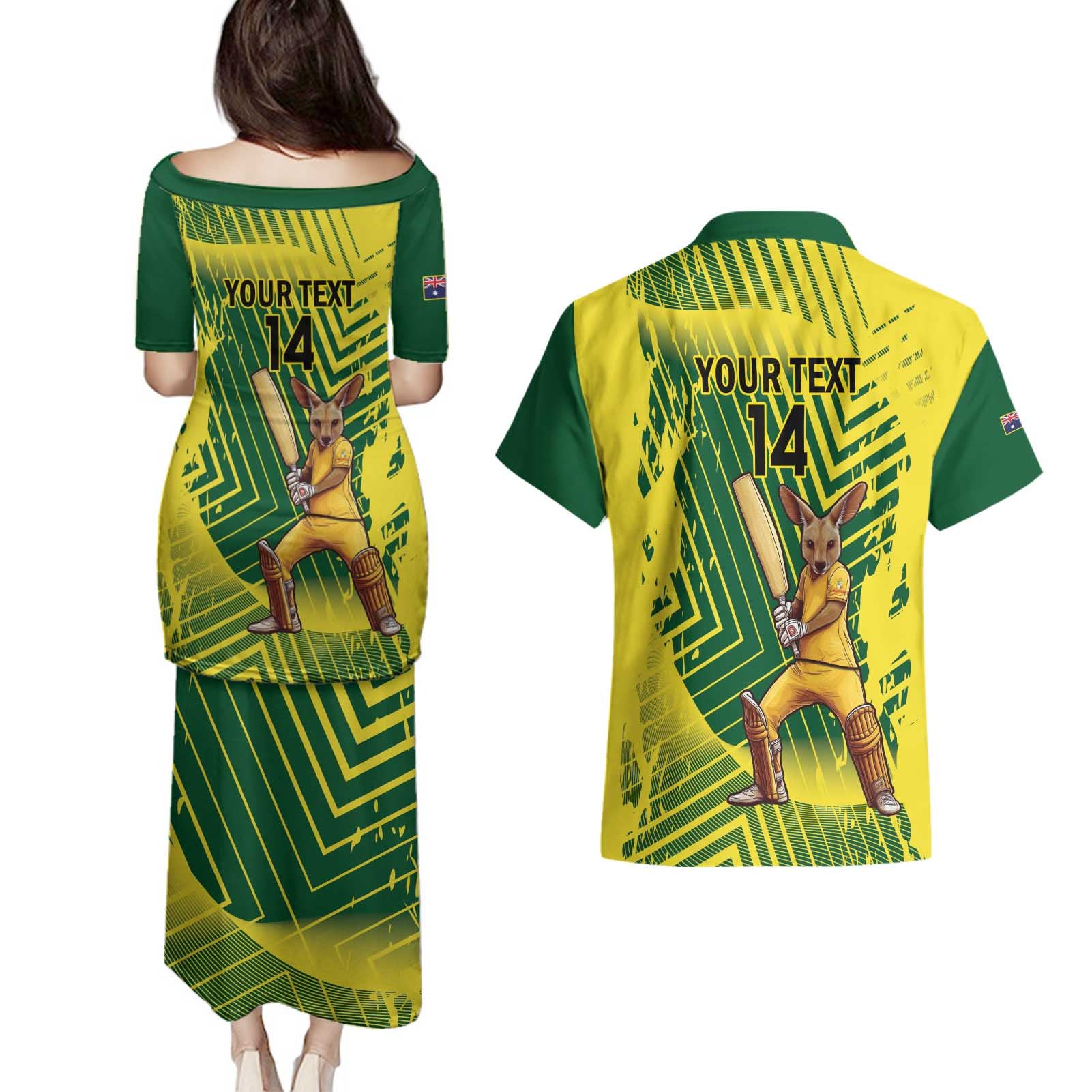 Custom Australia Cricket Couples Matching Puletasi and Hawaiian Shirt Aussie Baggy Greens - Kangaroo Mascot Style