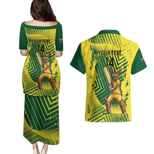 Custom Australia Cricket Couples Matching Puletasi and Hawaiian Shirt Aussie Baggy Greens - Kangaroo Mascot Style