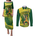 Custom Australia Cricket Couples Matching Puletasi and Long Sleeve Button Shirt Aussie Baggy Greens - Kangaroo Mascot Style