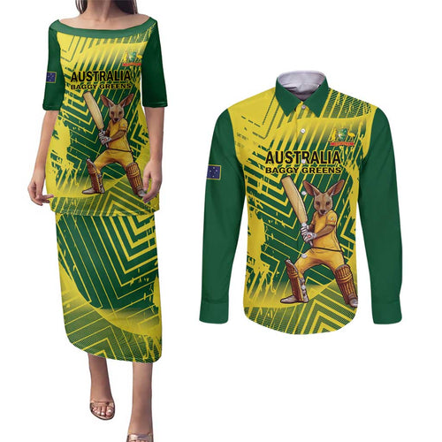 Custom Australia Cricket Couples Matching Puletasi and Long Sleeve Button Shirt Aussie Baggy Greens - Kangaroo Mascot Style