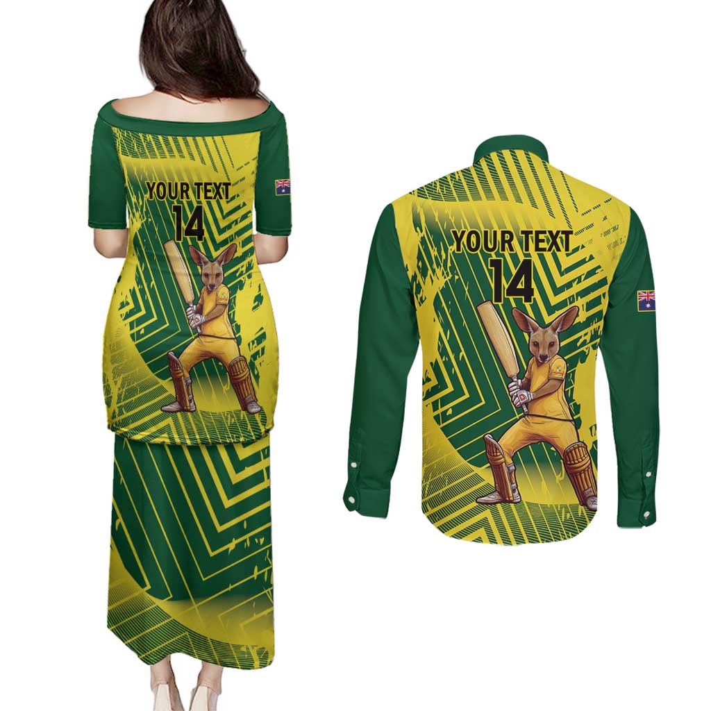 Custom Australia Cricket Couples Matching Puletasi and Long Sleeve Button Shirt Aussie Baggy Greens - Kangaroo Mascot Style