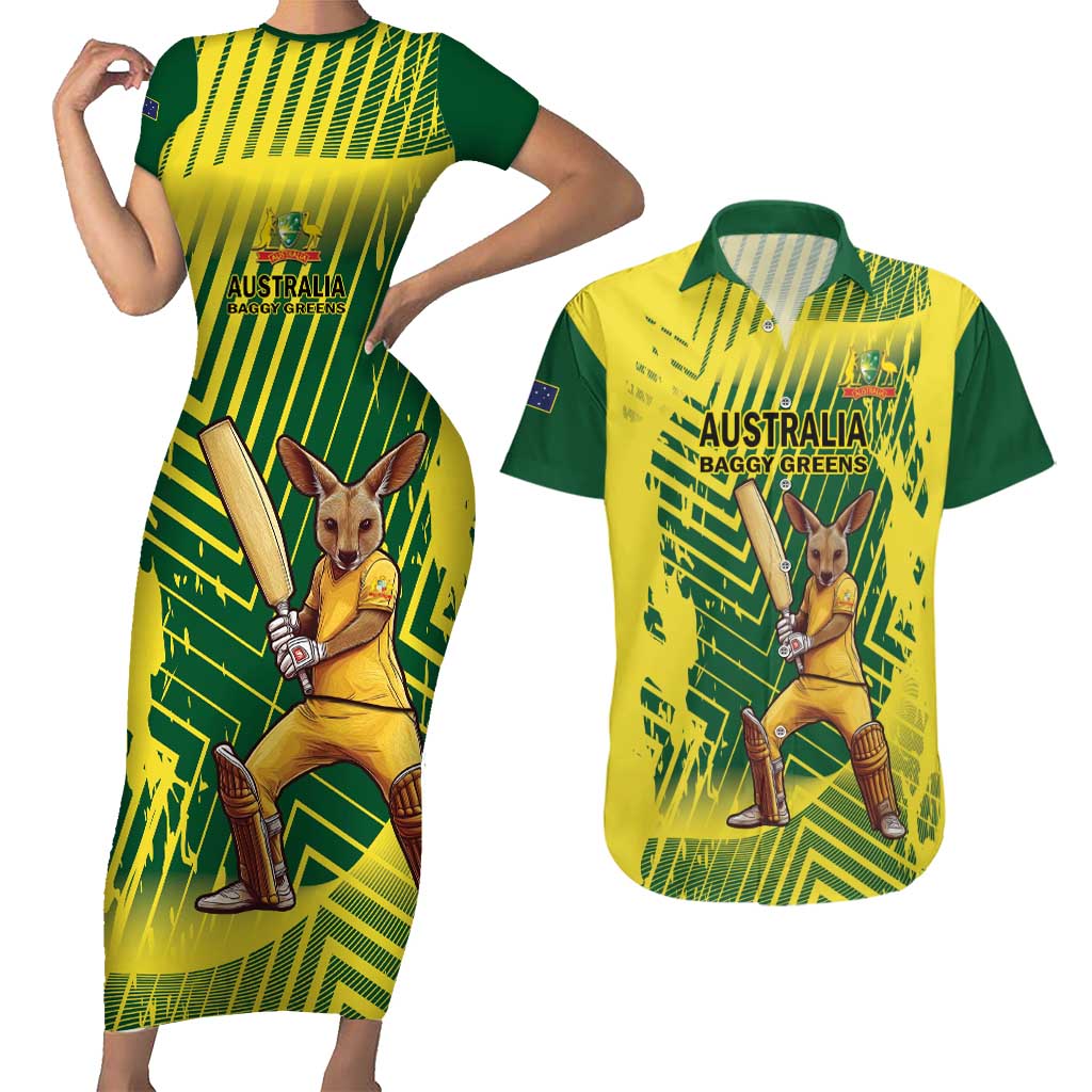 Custom Australia Cricket Couples Matching Short Sleeve Bodycon Dress and Hawaiian Shirt Aussie Baggy Greens - Kangaroo Mascot Style