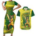 Custom Australia Cricket Couples Matching Short Sleeve Bodycon Dress and Hawaiian Shirt Aussie Baggy Greens - Kangaroo Mascot Style