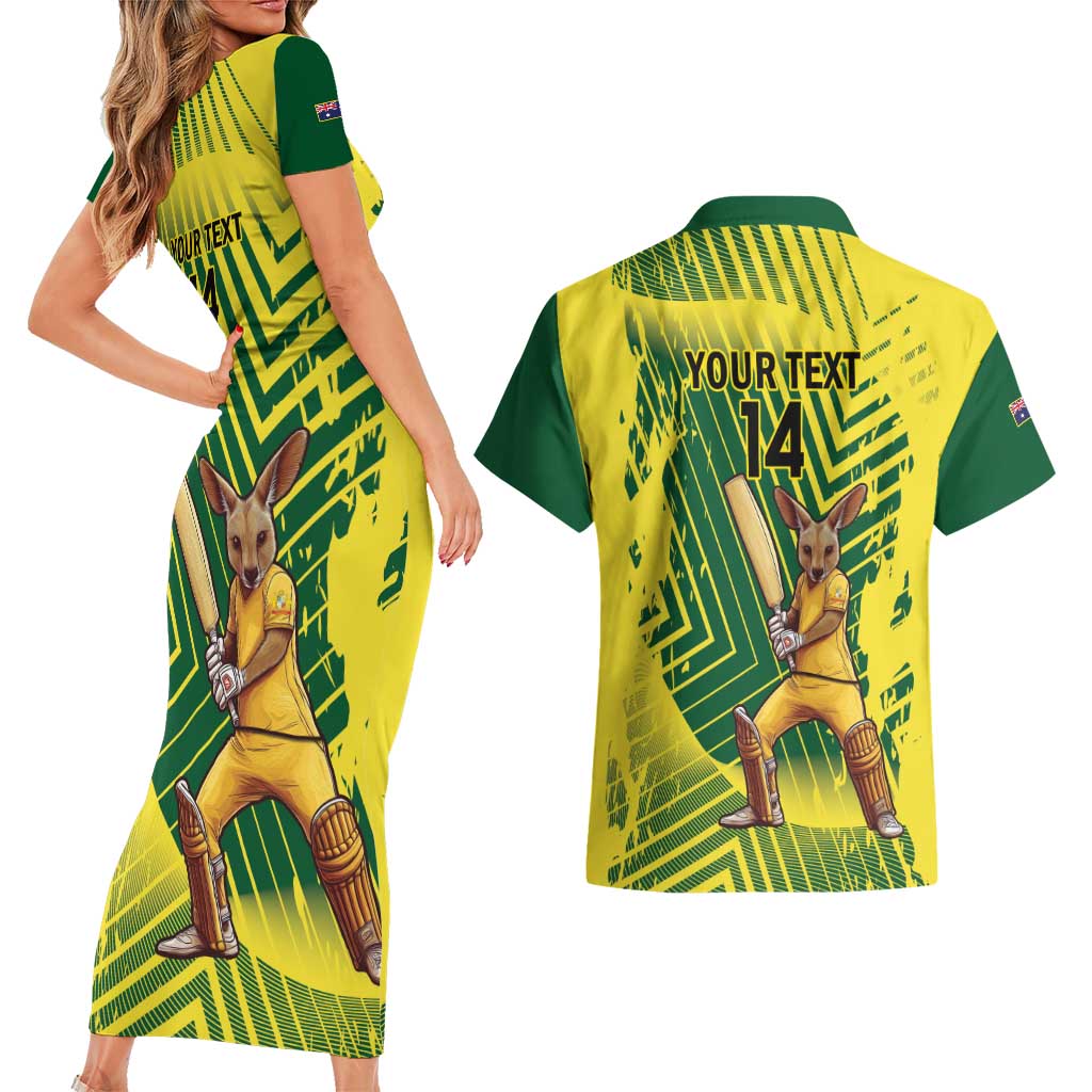 Custom Australia Cricket Couples Matching Short Sleeve Bodycon Dress and Hawaiian Shirt Aussie Baggy Greens - Kangaroo Mascot Style