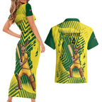 Custom Australia Cricket Couples Matching Short Sleeve Bodycon Dress and Hawaiian Shirt Aussie Baggy Greens - Kangaroo Mascot Style