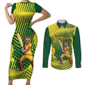 Custom Australia Cricket Couples Matching Short Sleeve Bodycon Dress and Long Sleeve Button Shirt Aussie Baggy Greens - Kangaroo Mascot Style