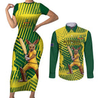 Custom Australia Cricket Couples Matching Short Sleeve Bodycon Dress and Long Sleeve Button Shirt Aussie Baggy Greens - Kangaroo Mascot Style