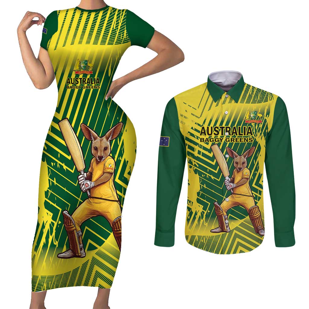 Custom Australia Cricket Couples Matching Short Sleeve Bodycon Dress and Long Sleeve Button Shirt Aussie Baggy Greens - Kangaroo Mascot Style