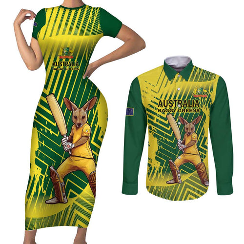 Custom Australia Cricket Couples Matching Short Sleeve Bodycon Dress and Long Sleeve Button Shirt Aussie Baggy Greens - Kangaroo Mascot Style
